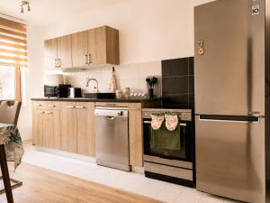 a kitchen with stainless steel appliances and wooden cabinets at Central No1-Apartments in Golubac +22 photos