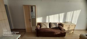 a brown couch in a living room with a table at Apartman RS 27 Апартамент на плажа с вълшебна гледка към морето, напълно оборудвана кухня и безплатен паркинг, със самостоятелен басейн, балкон и асансьор Самостоятелен душ и тоалетна ТОП местоположение in Lozenets