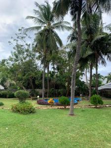 a park with palm trees and a blue bench at MJ Marina in Mtwapa