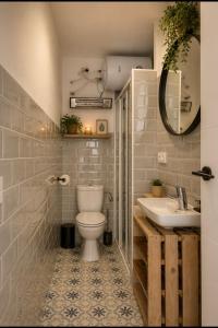 a bathroom with a toilet and a sink and a mirror at Apartamento El mirador de Olite in Olite
