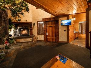 a living room with a fireplace and a tv at Castle Wood Cottages in Big Bear Lake