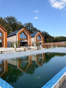 a pool of water in front of a house at Panoramic House Baile Felix C2 in Baile Felix