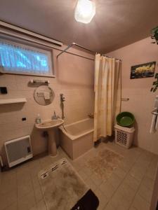 a bathroom with a sink and a tub and a shower at Ország Apartmanház in Zalakaros +29 photos