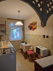 a kitchen with a table and a microwave at Ország Apartmanház in Zalakaros