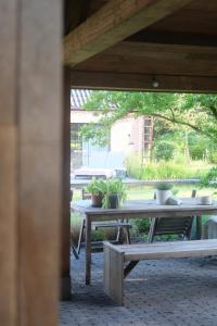 a group of picnic tables with potted plants on them at Villa Hartebos in Kaprijke