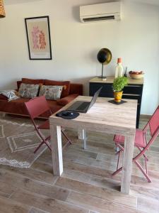 a living room with a table with a laptop on it at La bergerie de Cupabia in Serra-di-Ferro