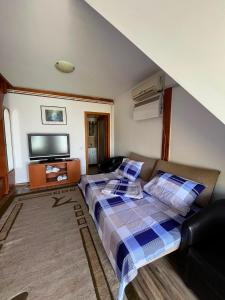 a bedroom with a bed and a flat screen tv at Casa cu Stuf Olimp in Olimp