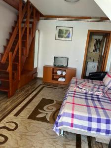 a bedroom with a bed and a stair case at Casa cu Stuf Olimp in Olimp +12 photos