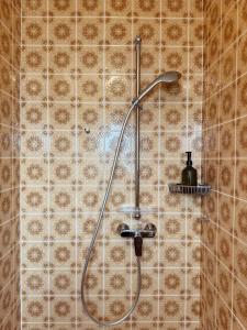 a shower in a bathroom with brown tiles at Casa di Rosi in Schechen +58 photos