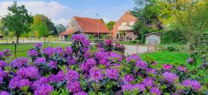 a garden with purple flowers in front of a house at Ruhige Ferienwohnung an der Vechte - Zweites Glûck in Nordhorn
