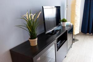 a black desk with a television and a plant on it at Grand Central Accommodation - Beldiman in Bucharest