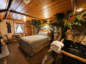 a bedroom with a bed and a bath tub in a cabin at Castle Wood Cottages in Big Bear Lake