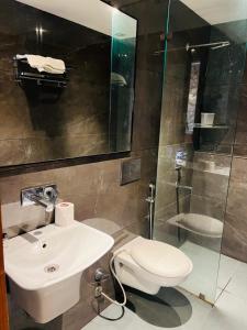 a bathroom with a toilet and a sink and a shower at Hotel Cassa Inn in Bathinda