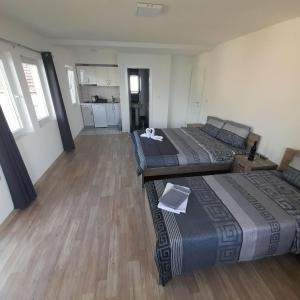 two beds in a room with wooden floors and a kitchen at Apartments Viktor in Trpejca