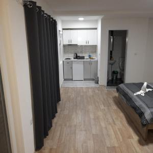 a bedroom with black drapes and a kitchen at Apartments Viktor in Trpejca