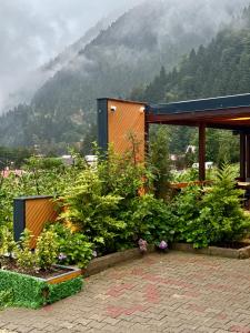 a garden with flowers and plants in front of a building at Çakıroğlu Villa Kent Pansiyon in Uzungöl