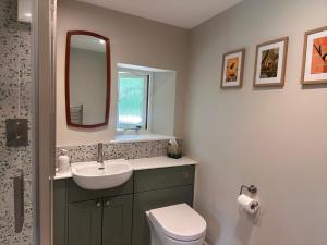 a bathroom with a sink and a toilet and a mirror at Hinton Hayloft in Hinton in the Hedges