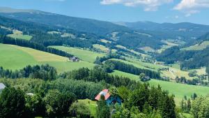 a view of a valley with green hills and trees at BergZeit in Warbach