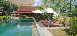 a pool with two people sitting under umbrellas next to a house at Alamanda Villas, Family Villas, Pool & Local Tours in Yogyakarta +188 photos
