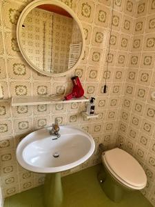 a bathroom with a sink and a toilet and a mirror at The Yugo House in Bohinj +16 photos