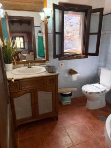 a bathroom with a sink and a toilet and a mirror at Finca Nim 2 in Mogán