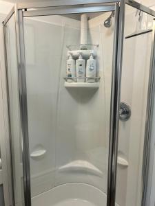 a bathroom with a glass shower stall with toiletries at Quaco Cottages-William Carson in Saint Martins