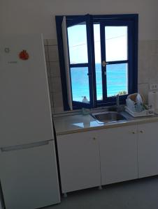 a kitchen with a refrigerator and a sink and a window at Central Apartments in Lefkos Karpathou +6 photos