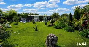 a green yard with a building in the background at Pensiunea VADU in Vadu