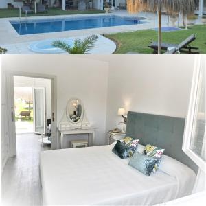 two pictures of a bedroom with a bed and a pool at Hotel Malaga Picasso in Málaga