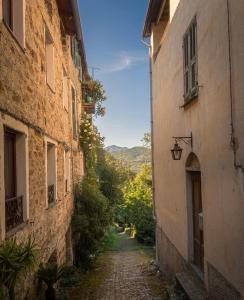 an alley way between two buildings in an old town at La Rocca Sospesa - Castello in Apricale +24 photos