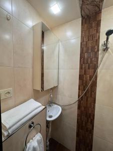 a small bathroom with a sink and a shower at Mashtots Hotel in Yerevan +76 photos