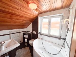 a bathroom with a sink and a toilet and a window at Casa Maika in Frymburk +8 photos