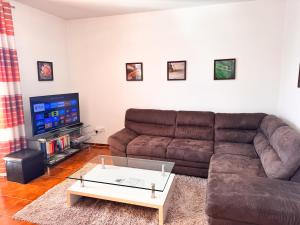 a living room with a brown couch and a tv at Casa Maika in Frymburk