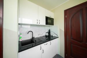 a kitchen with a sink and a microwave at Pokoje u Borzana in Biały Dunajec
