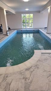 a swimming pool with water in a building at Schale Centoriya in Mykulychyn
