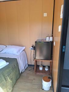 a small bedroom with a bed and a television at FALCOARIA Eco in Setúbal