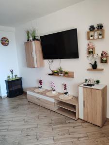 a living room with a flat screen tv on the wall at Apartman Manuela in Matulji