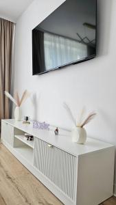 a white cabinet with a television on a wall at Caro Central Apartament 3 Camere in Râmnicu Vâlcea +3 photos