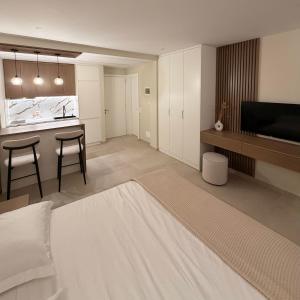 a large living room with a television and a kitchen at Oasis in Vlorë