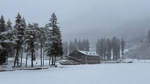 a log cabin in the snow next to a lake at Chalet Al Lago in San Vito di Cadore +18 photos