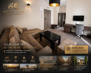 a living room with a couch and a table at Hotel Cara 28 in Skopje