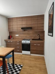 a kitchen with wooden cabinets and a stove and a table at Studio11 in Medzilaborce