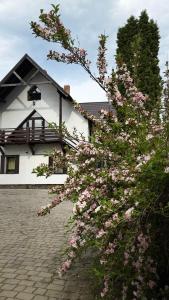a tree with pink flowers in front of a house at Olko House in Yaremche