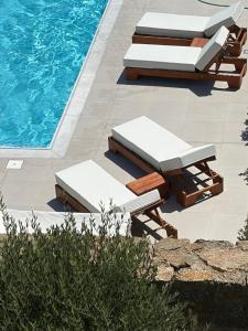 a group of lounge chairs and a swimming pool at Elia Horizon Mykonos in Elia Beach