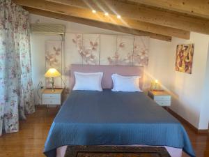a bedroom with a large bed with a blue bedspread at Asclepeias Ionian Villa in Argassi +54 photos