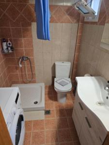 a bathroom with a toilet and a sink and a shower at KSD apartment in Kallithea Halkidikis +7 photos