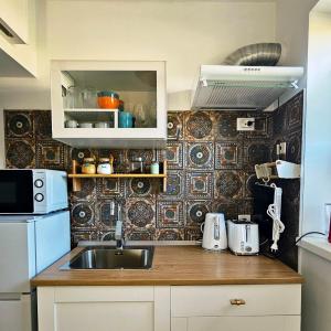a small kitchen with a sink and a microwave at Căsuța Sofia in Sulina +19 photos