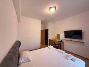 a room with a couch and a flat screen tv at Lili Hotel in Amoudara Herakliou