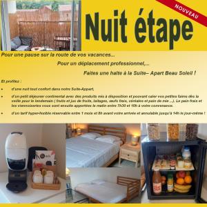 a flyer for a hotel room with a bed and a refrigerator at Suite-Appart Beau Soleil - 24H Le Mans Métropole in Allonnes