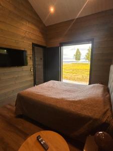 a bedroom with a bed and a television and a window at Sea Haven Villa in Trutberget